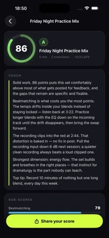 MixGrade coaching note naming the tempo drift inside a blend, a clipped moment at 2:44 and one practice tip